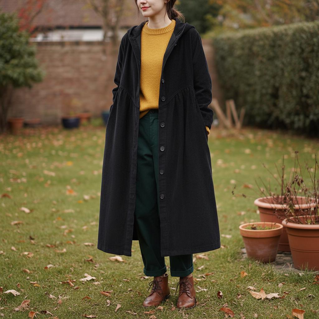 Corduroy Button Up Trench Coat: Retro Hooded Thickened Cotton Coat