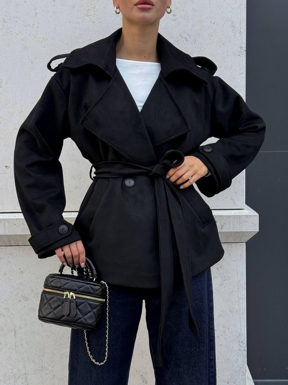 Belted Trench Coat Women, Short Wrap Jacket, Suede Spring Coat, Elegant Belted Blazer Coat