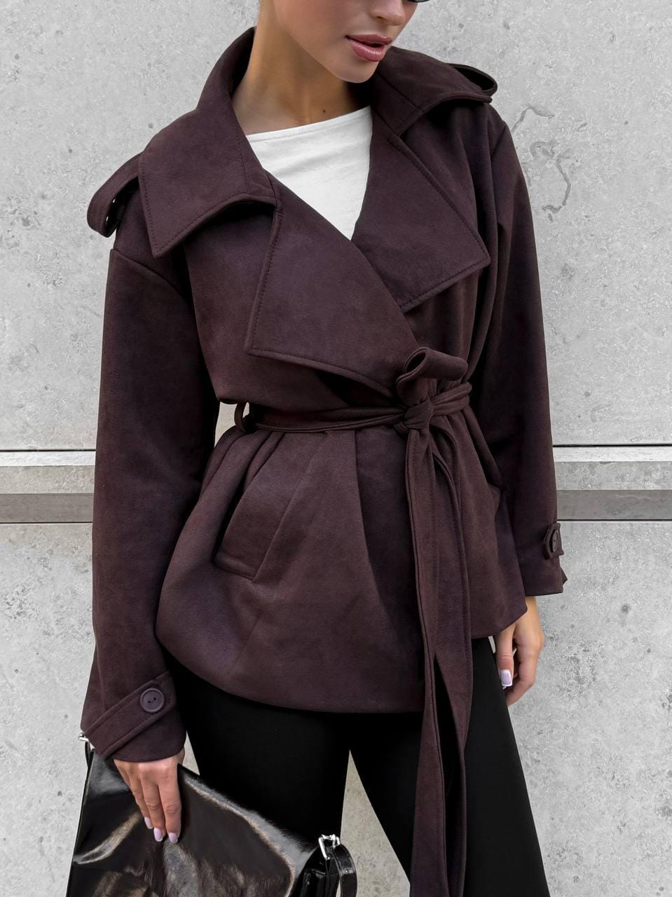 Belted Trench Coat Women, Short Wrap Jacket, Suede Spring Coat, Elegant Belted Blazer Coat