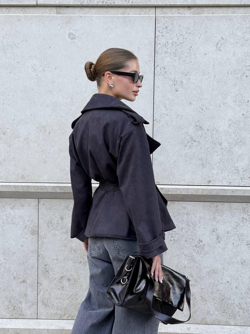 Belted Trench Coat Women, Short Wrap Jacket, Suede Spring Coat, Elegant Belted Blazer Coat