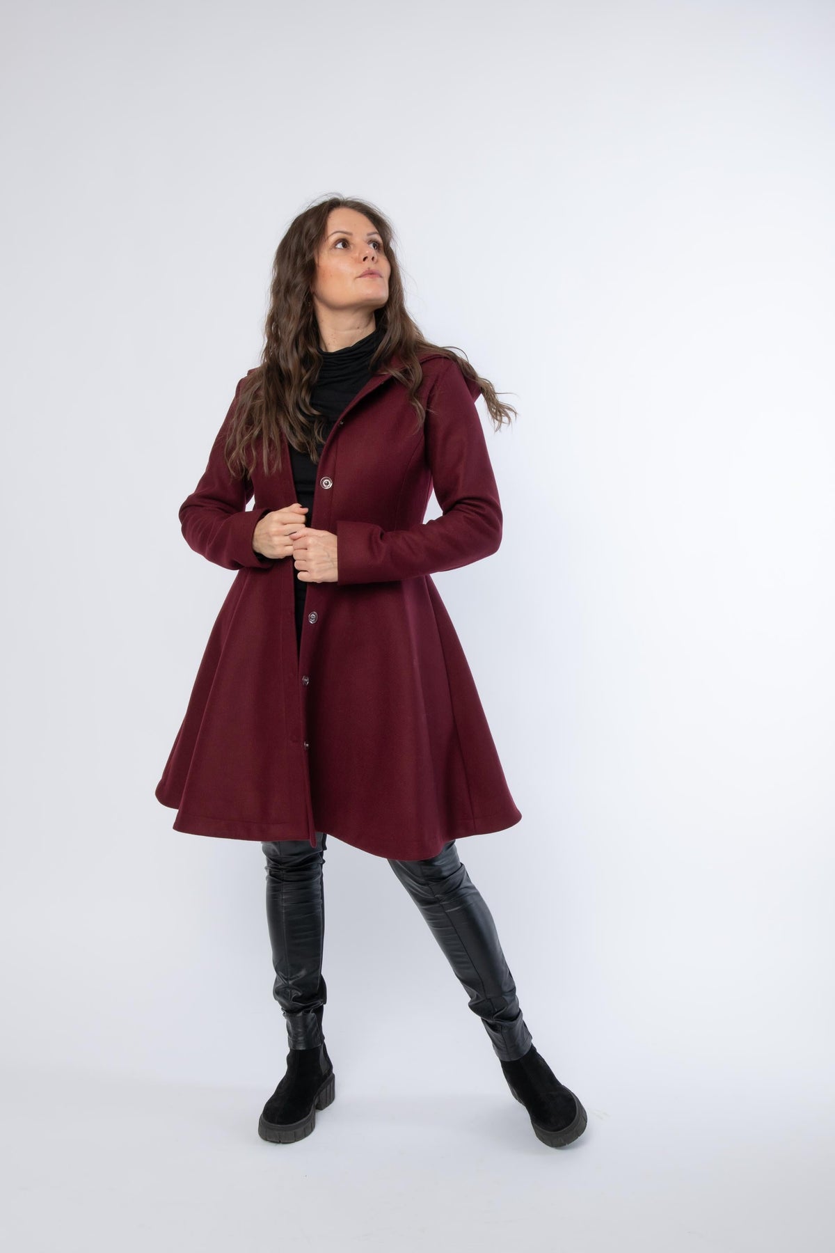 Grey Hooded Wool Winter Coat for Women, Princesss Midi Overcoat, Plus Size Winter Outerwear, Single Breasted Hooded Coat with Pockets