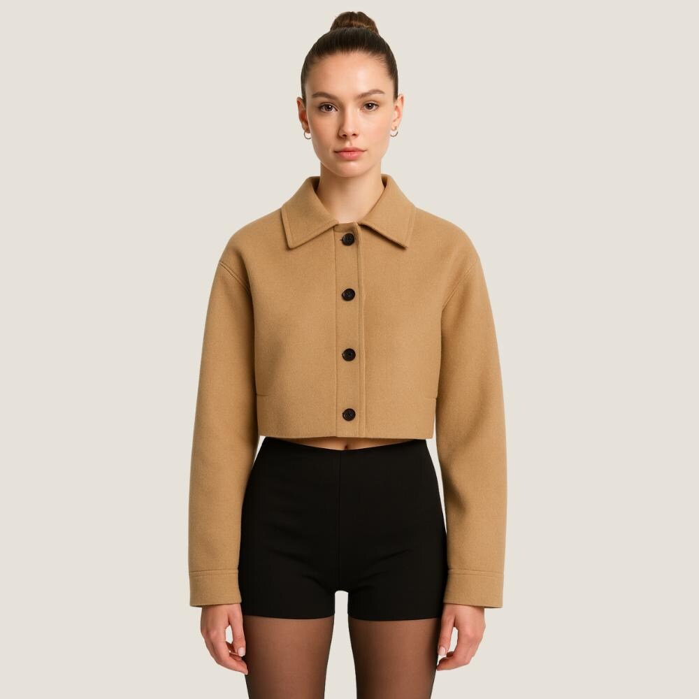Cropped Camel Wool Jacket For Women – Handmade Short Fashion Coat – Minimalist Fall Winter Jacket