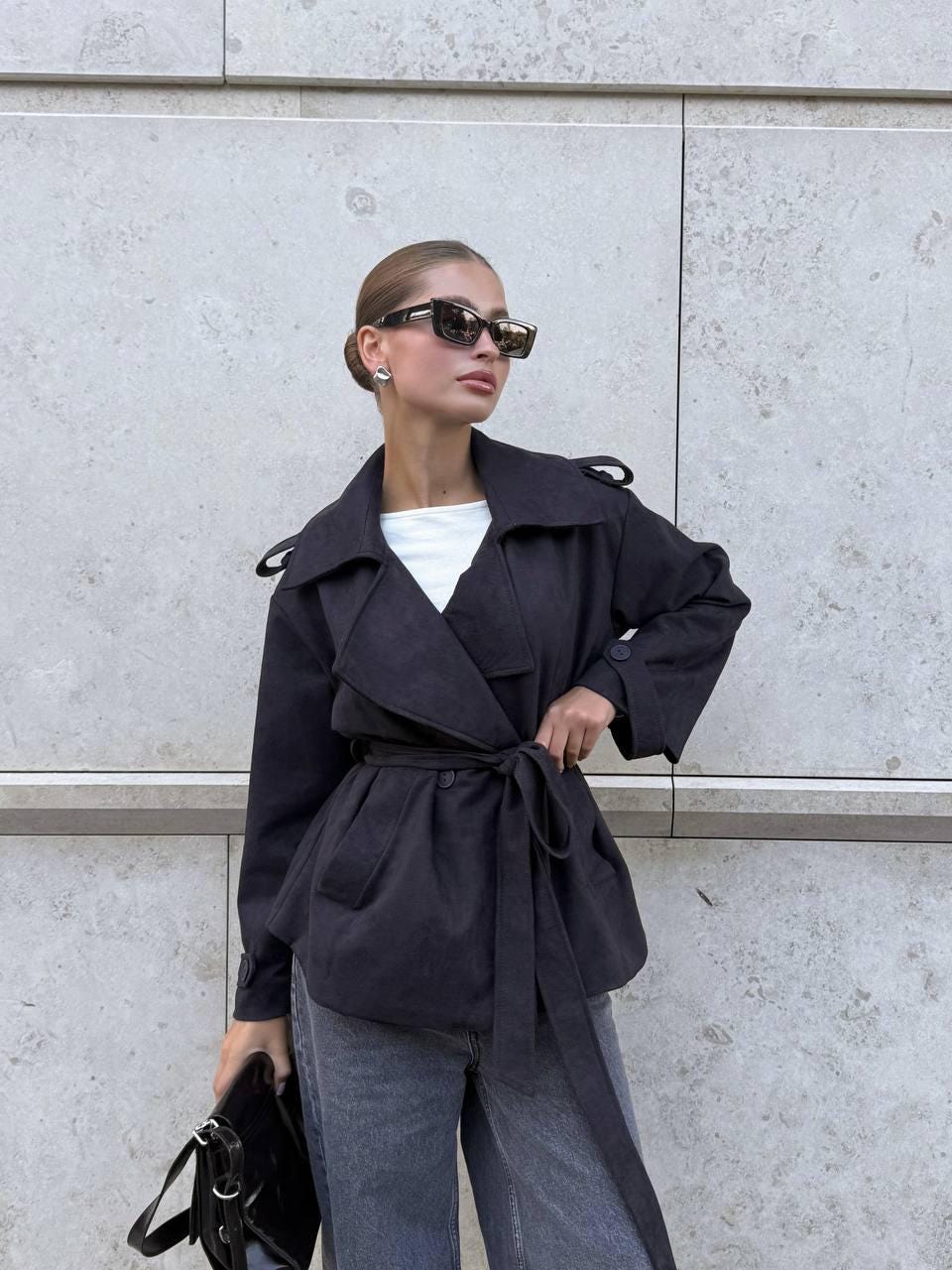 Belted Trench Coat Women, Short Wrap Jacket, Suede Spring Coat, Elegant Belted Blazer Coat