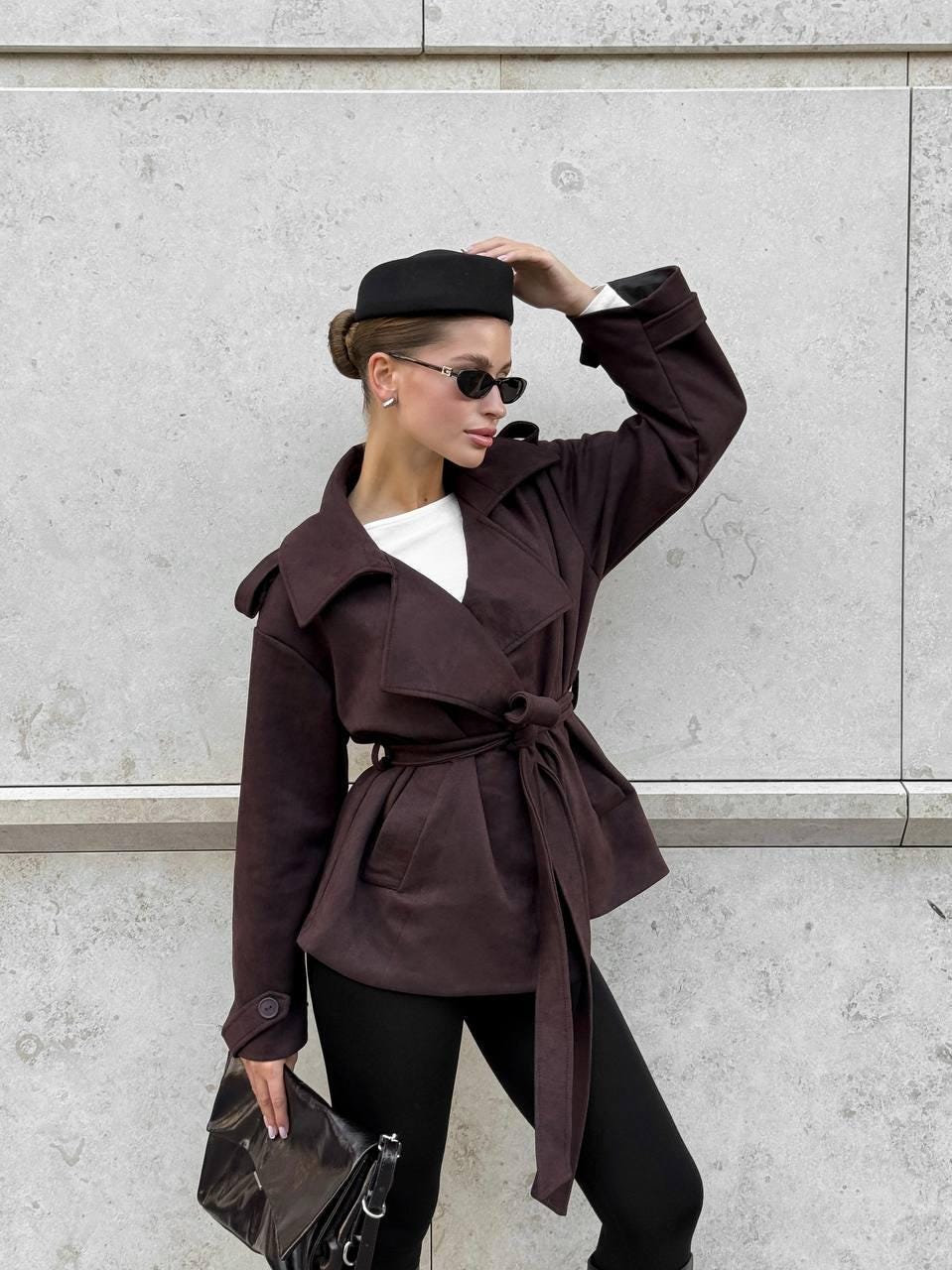 Belted Trench Coat Women, Short Wrap Jacket, Suede Spring Coat, Elegant Belted Blazer Coat