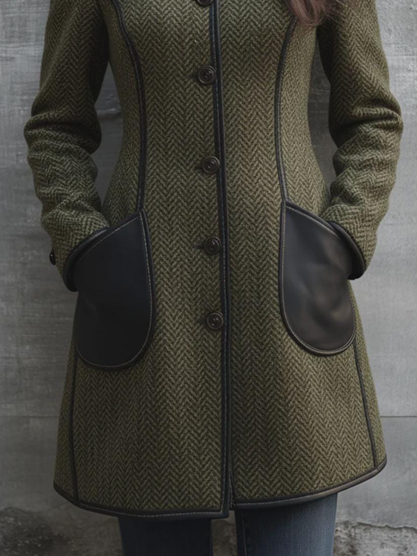 Olive Green Herringbone Buckle Coat for Women – High Neck Winter Coat with Contrast Leather Trim, Tailored Autumn Wool Coat