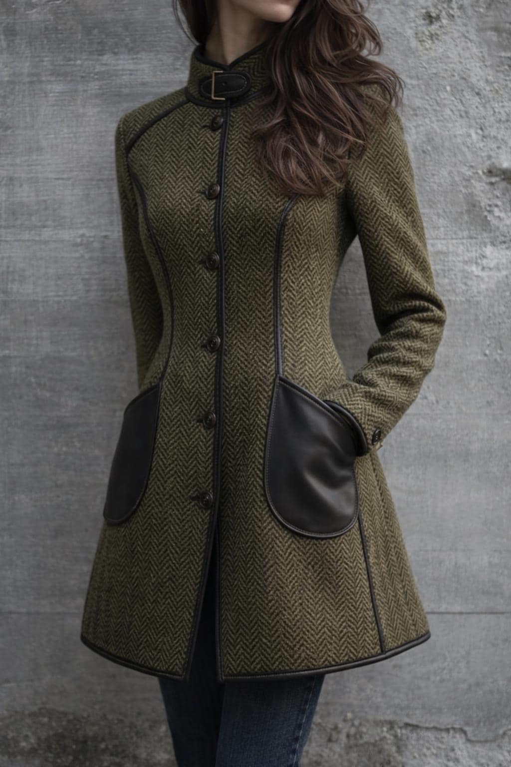 Olive Green Herringbone Buckle Coat for Women – High Neck Winter Coat with Contrast Leather Trim, Tailored Autumn Wool Coat