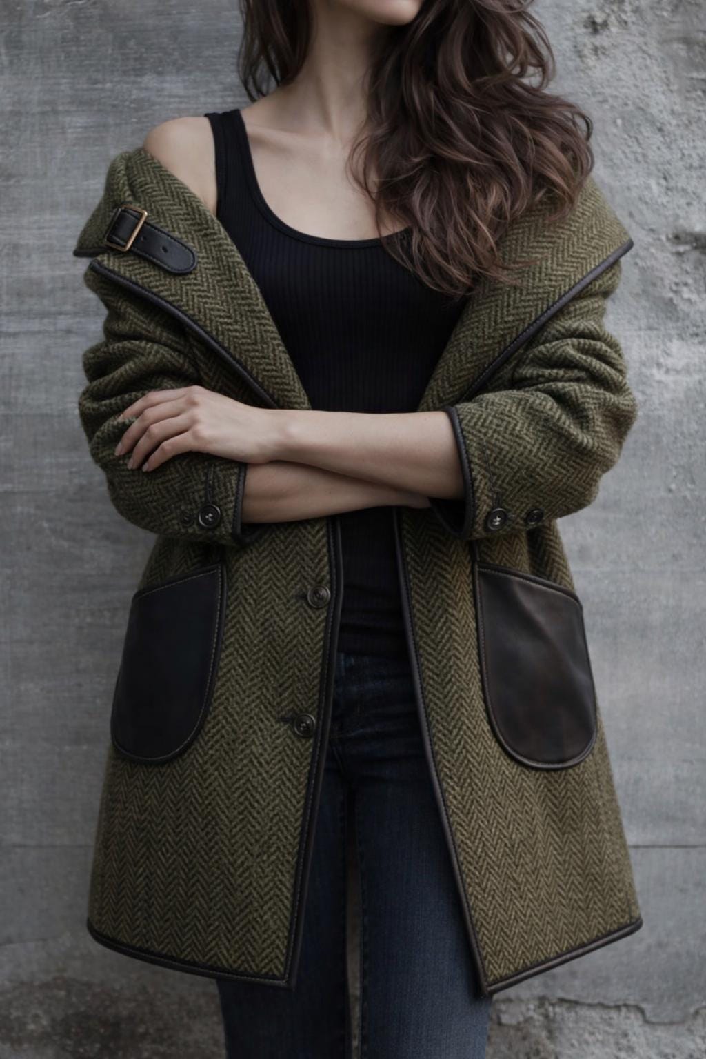 Olive Green Herringbone Buckle Coat for Women – High Neck Winter Coat with Contrast Leather Trim, Tailored Autumn Wool Coat