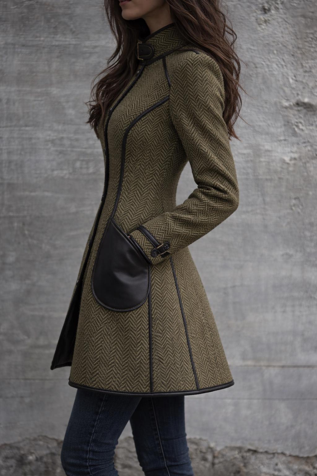 Olive Green Herringbone Buckle Coat for Women – High Neck Winter Coat with Contrast Leather Trim, Tailored Autumn Wool Coat