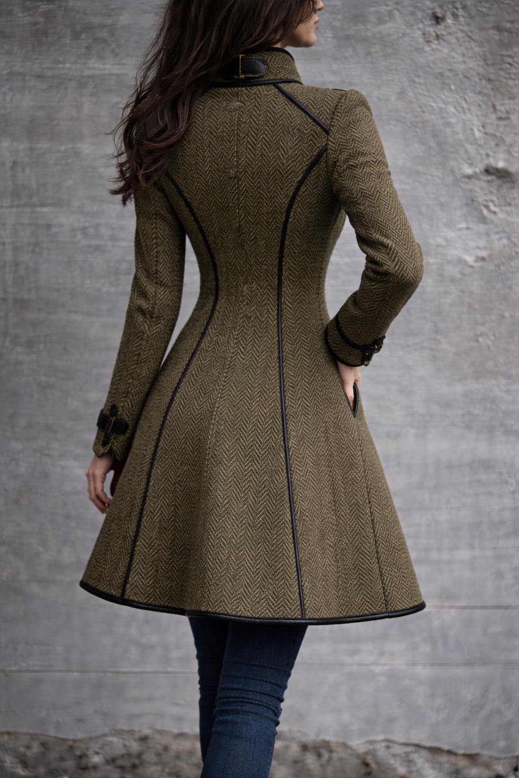 Olive Green Herringbone Buckle Coat for Women – High Neck Winter Coat with Contrast Leather Trim, Tailored Autumn Wool Coat