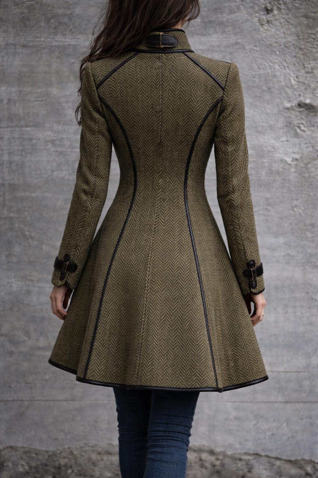 Olive Green Herringbone Buckle Coat for Women – High Neck Winter Coat with Contrast Leather Trim, Tailored Autumn Wool Coat