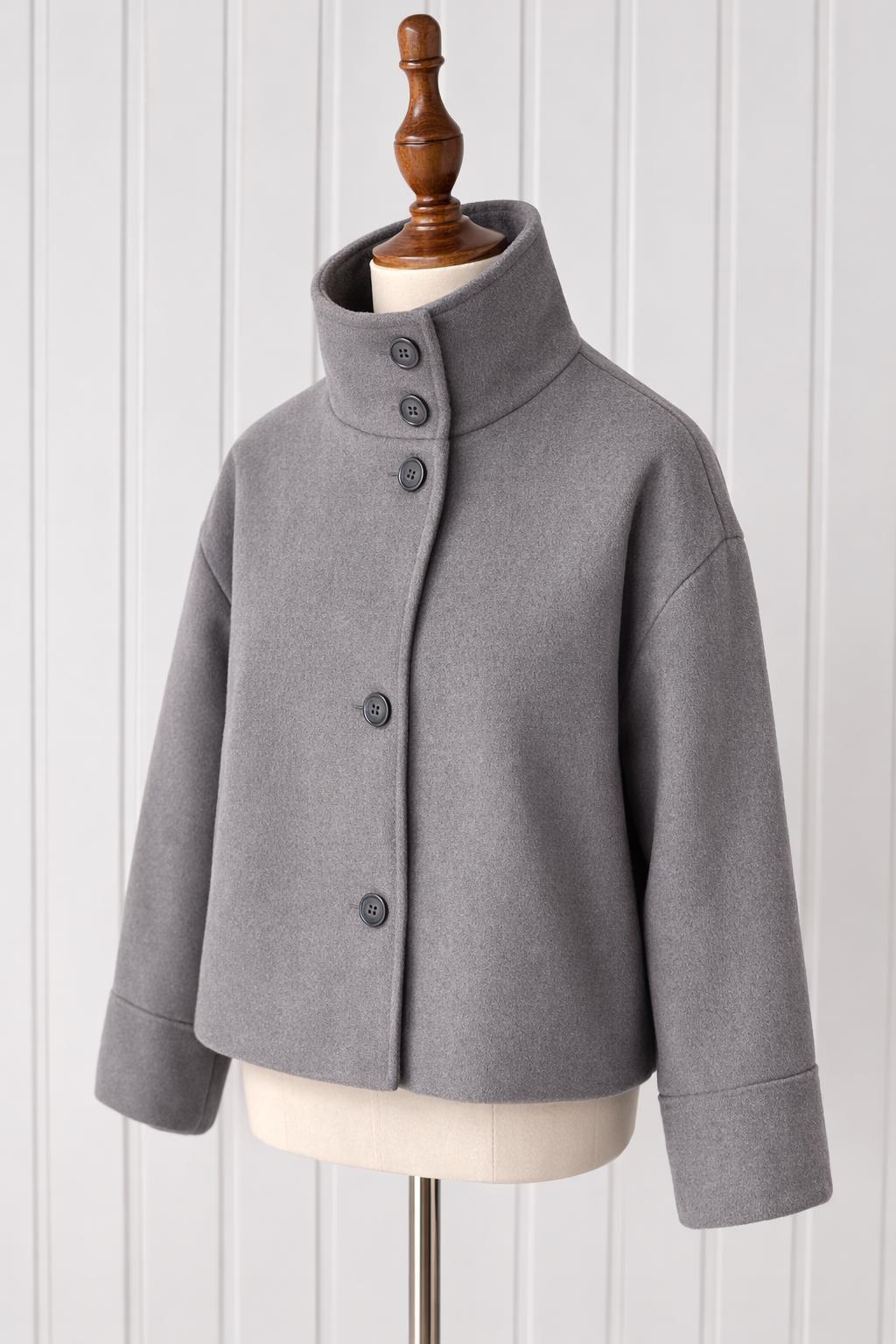 Cropped Stand Collar Jacket, Minimalist Button Coat, Modern Chic Structured Fall Women's