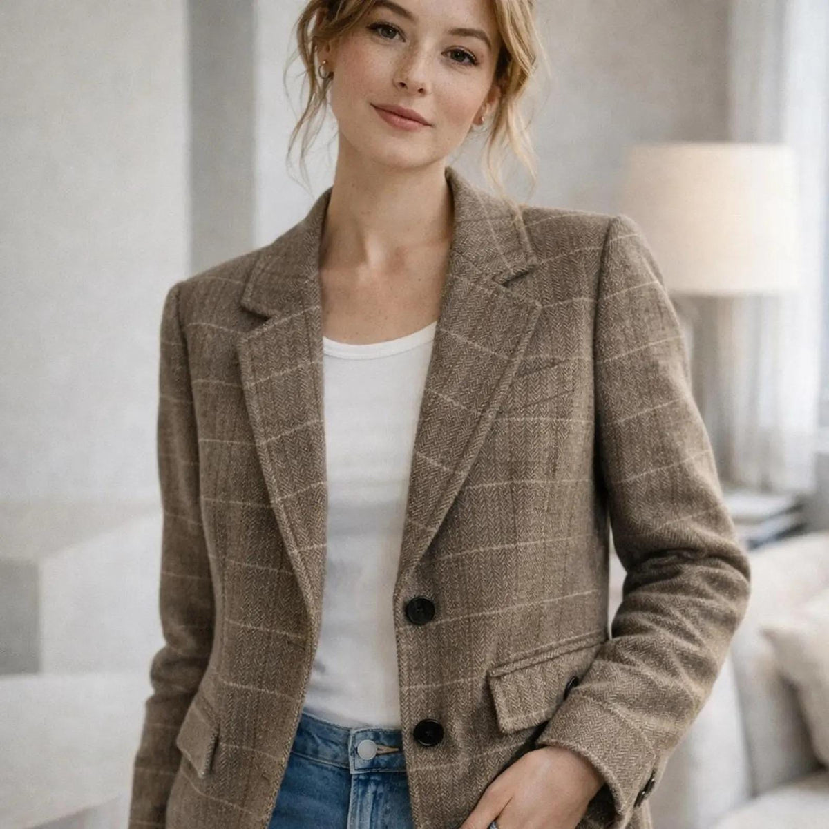 Women's Brown Plaid Blazer – Vintage Check Jacket – Elegant Office & Casual Autumn Wear