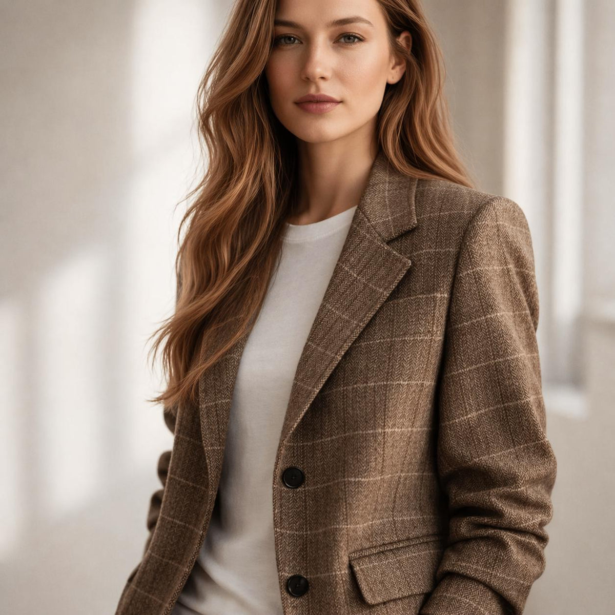 Women's Brown Plaid Blazer – Vintage Check Jacket – Elegant Office & Casual Autumn Wear