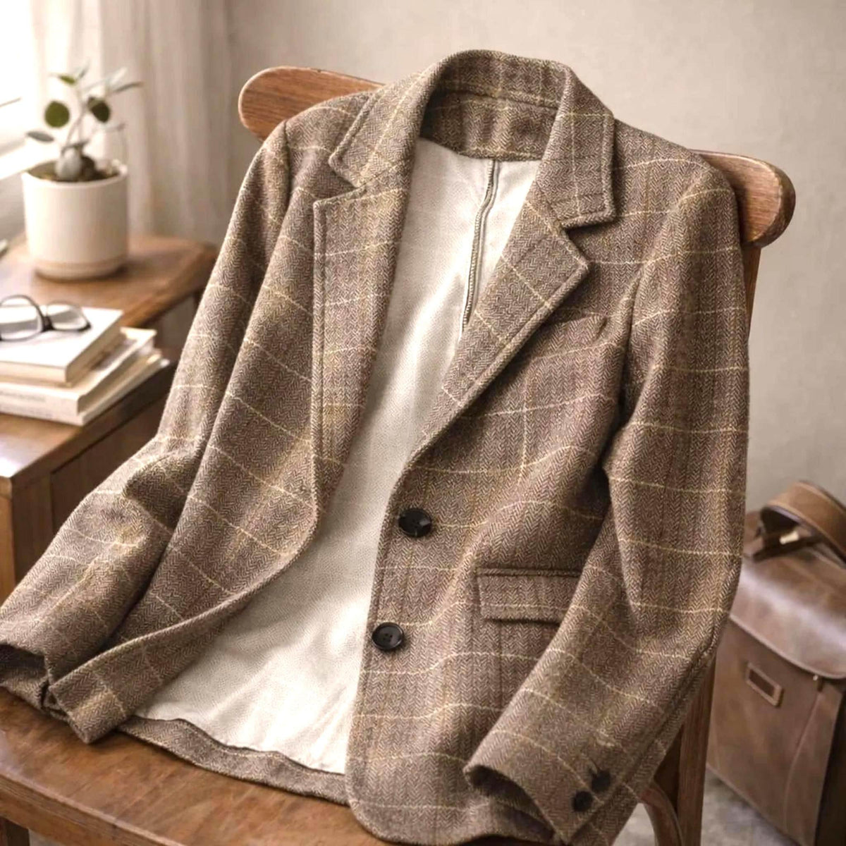 Women's Brown Plaid Blazer – Vintage Check Jacket – Elegant Office & Casual Autumn Wear