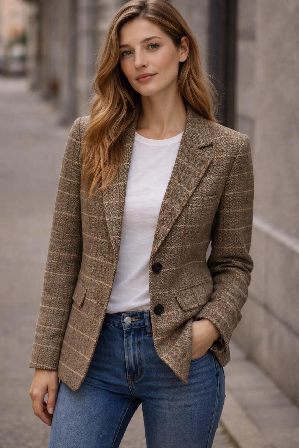 Women's Brown Plaid Blazer – Vintage Check Jacket – Elegant Office & Casual Autumn Wear