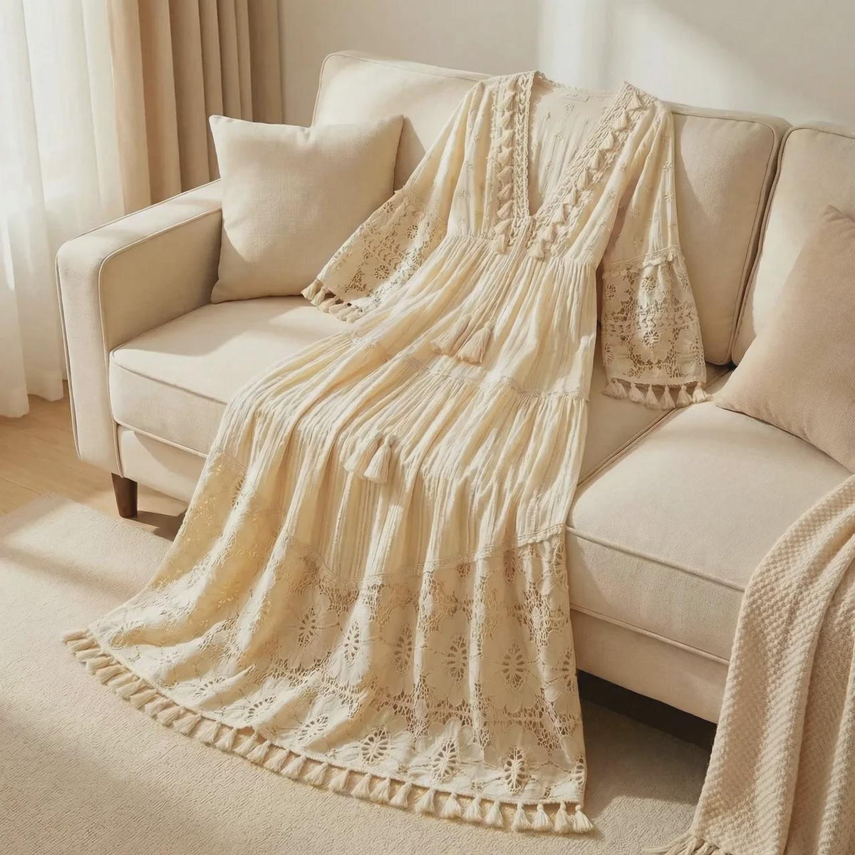 Boho Maxi Dress for Women, Lace Beach Dress, Flowy Vacation Outfit, Romantic Summer Dress, Elegant Resort Wear Dress