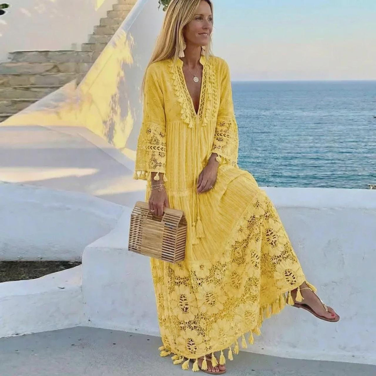 Boho Maxi Dress for Women, Lace Beach Dress, Flowy Vacation Outfit, Romantic Summer Dress, Elegant Resort Wear Dress