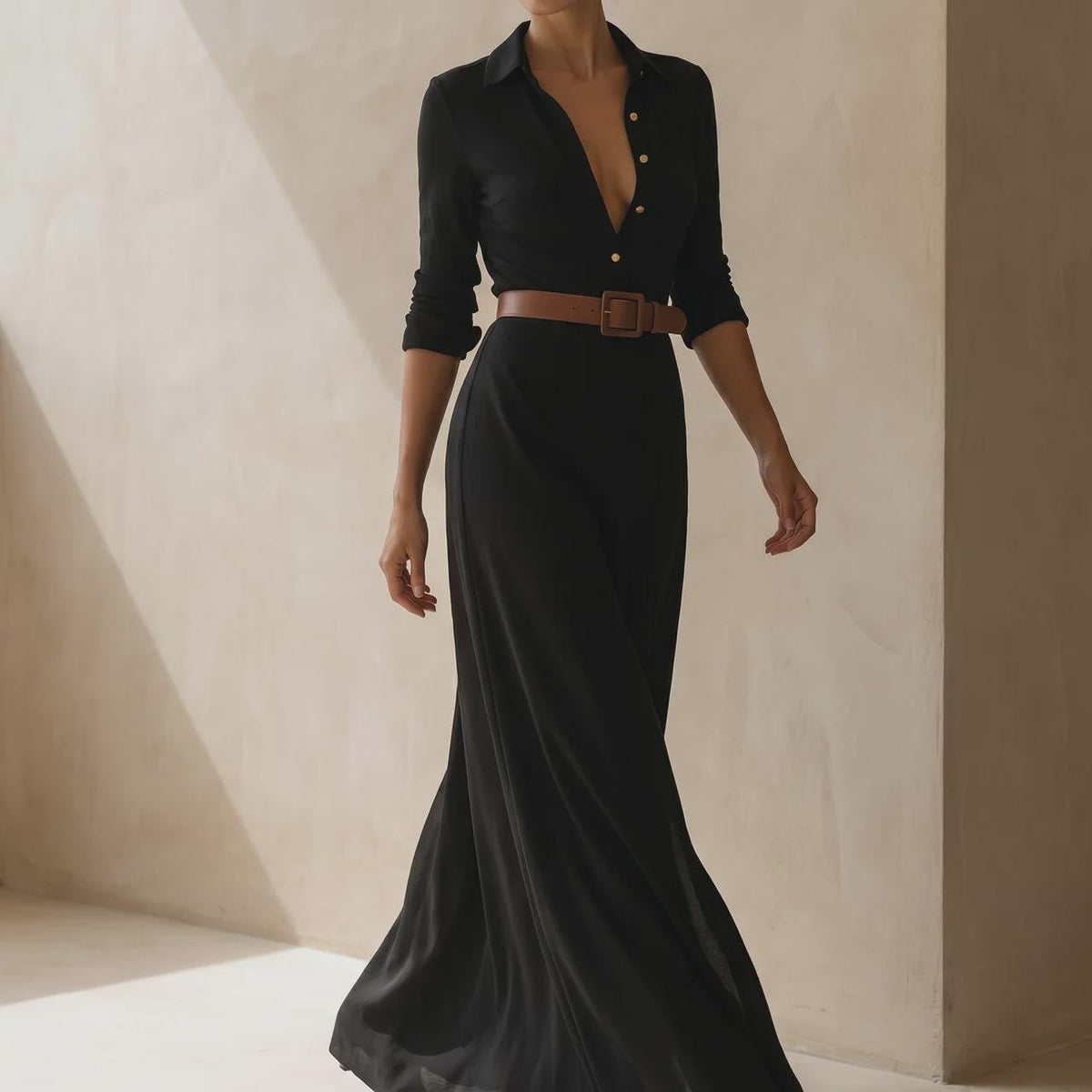 Luxury Maxi Shirt Dress for Women, Elegant Designer Style Dress, Stylish Belted Evening Dress, Timeless Feminine Dress