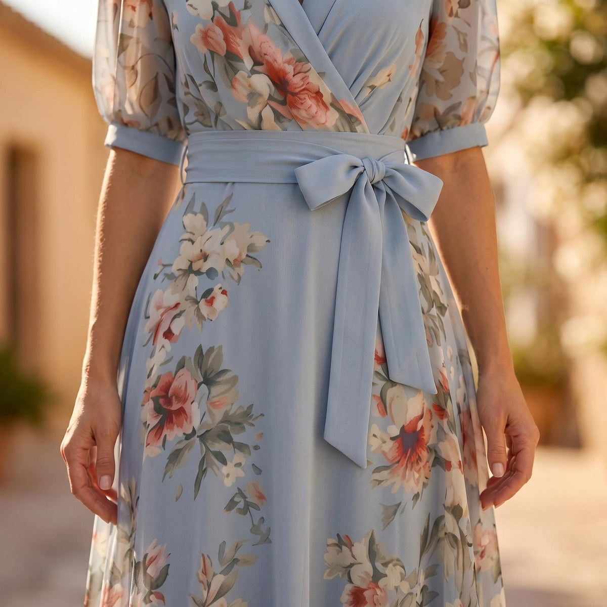 Blue Floral Wrap Maxi Dress, Chiffon Summer Dress for Women, Elegant Boho Wedding Guest Dress, Cottagecore Midi Dress