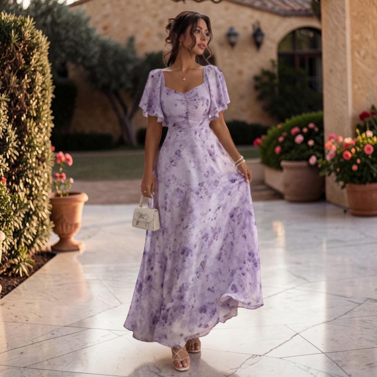 Floral Chiffon Maxi Dress – Romantic Ruched Flutter Sleeve Dress – European Style Flowy Outfit – Elegant Summer Dress