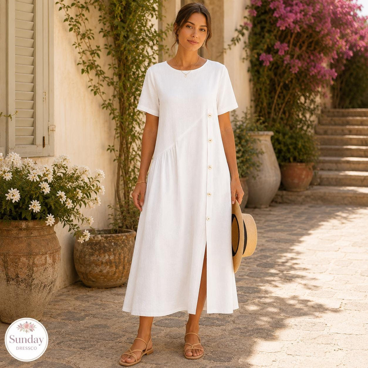 Linen Look Midi Dress - Button Front Sundress, Womens Clothing, Summer Outfit