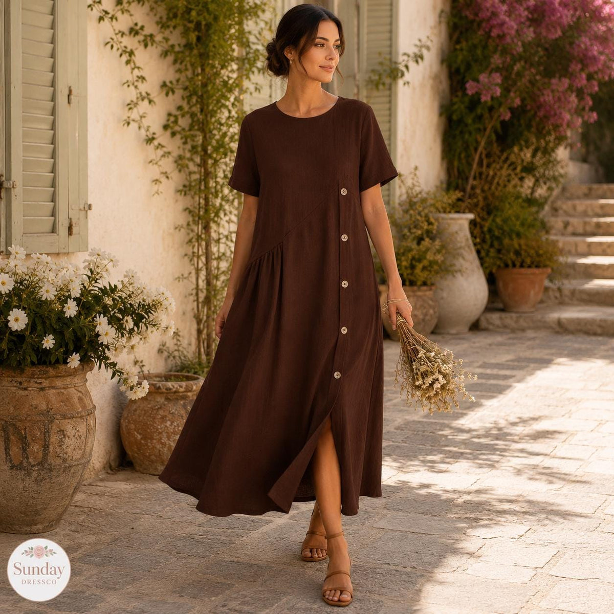 Linen Look Midi Dress - Button Front Sundress, Womens Clothing, Summer Outfit