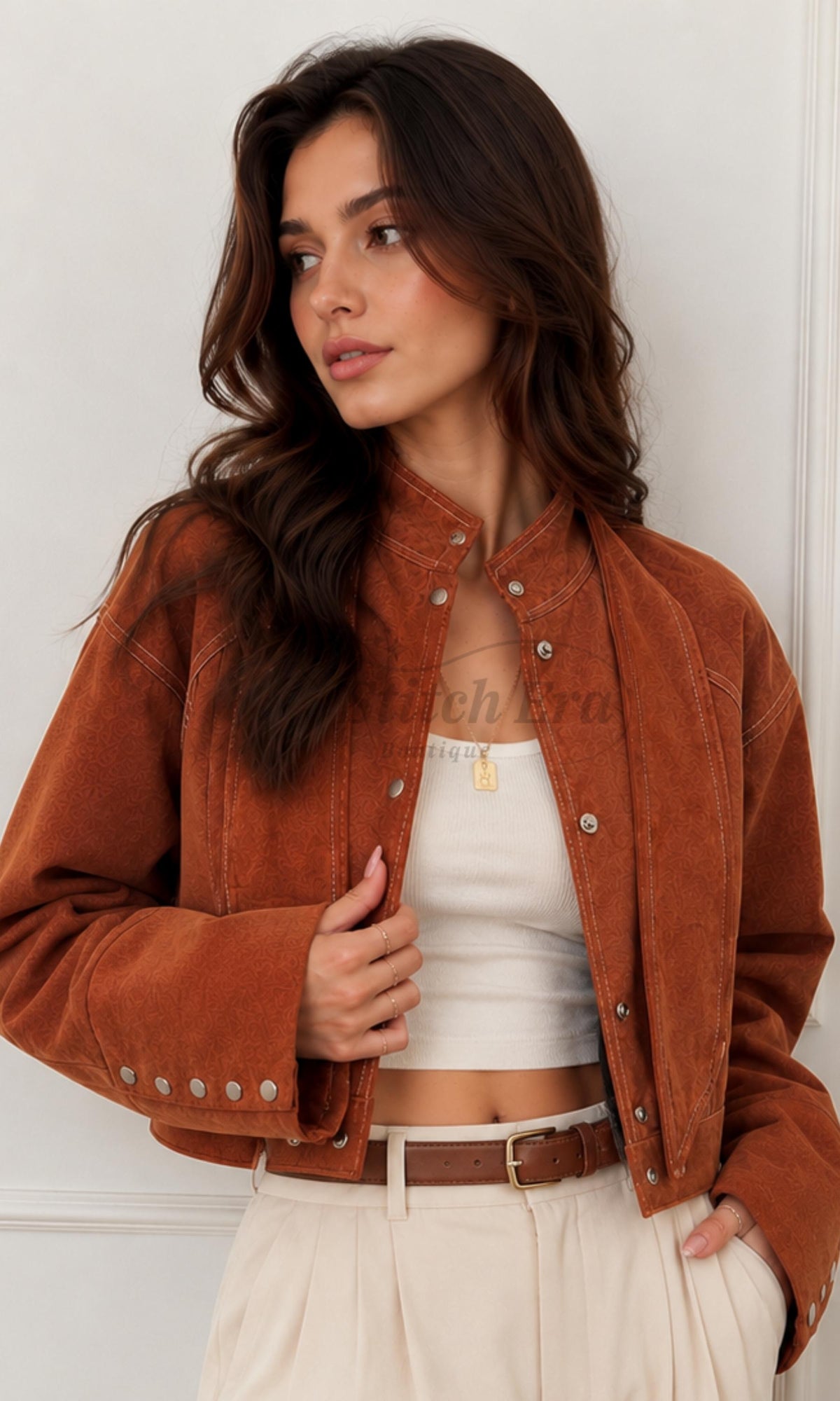Women's Autumn Tie Collar Cropped Jacket | Brown Rust Crop Blouse | Casual Winter & Spring Coat |