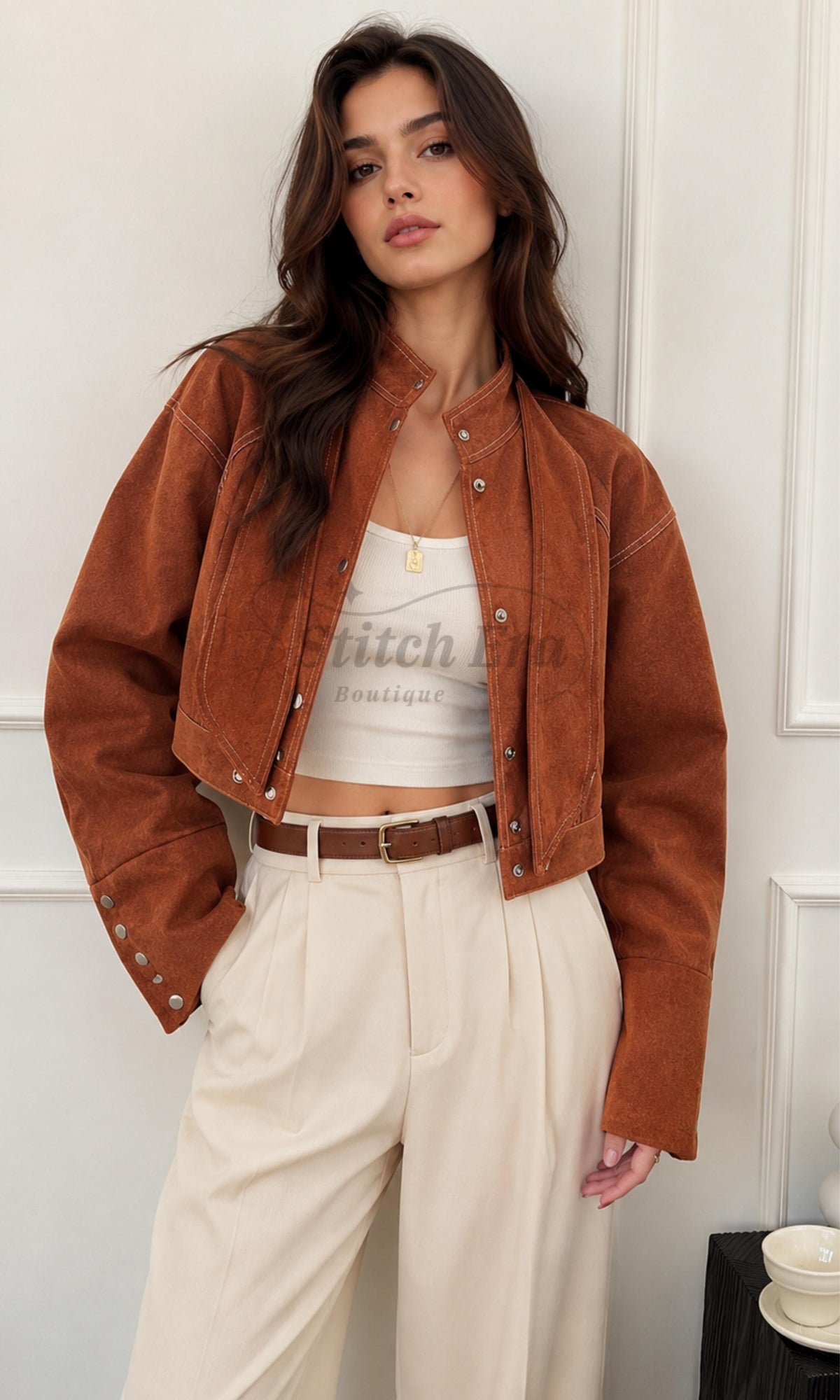 Women's Autumn Tie Collar Cropped Jacket | Brown Rust Crop Blouse | Casual Winter & Spring Coat |