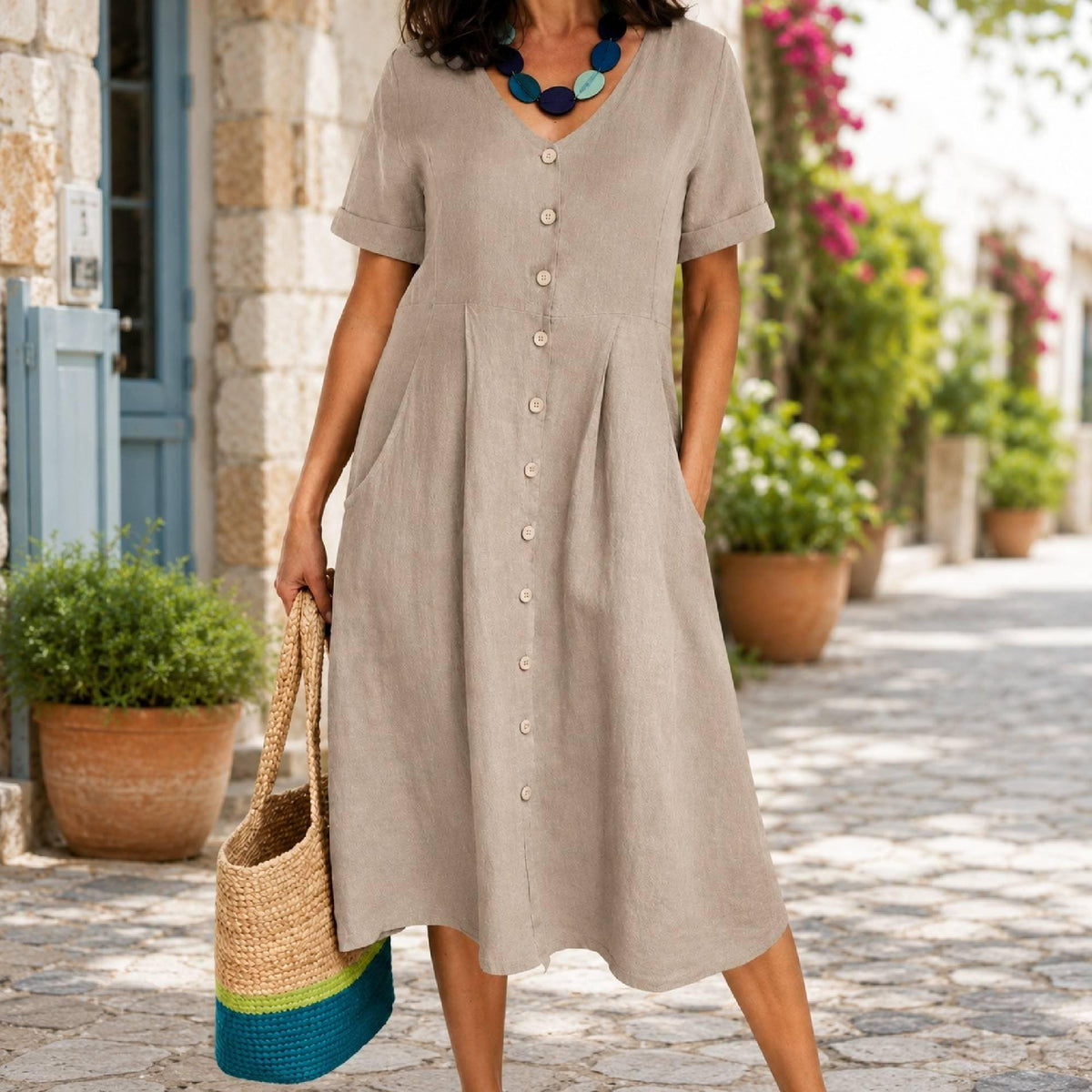 Cotton Linen Blend Midi Dress, Button Front Dress, Casual Summer Outfit, Pockets, Loose Fit