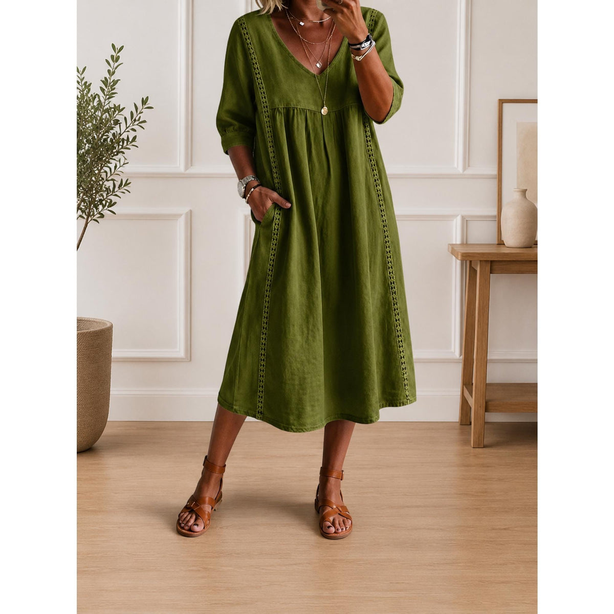 Women's Loose Cotton V Neck Pocket Midi Dress Casual Elegant Summer Outfit Dress