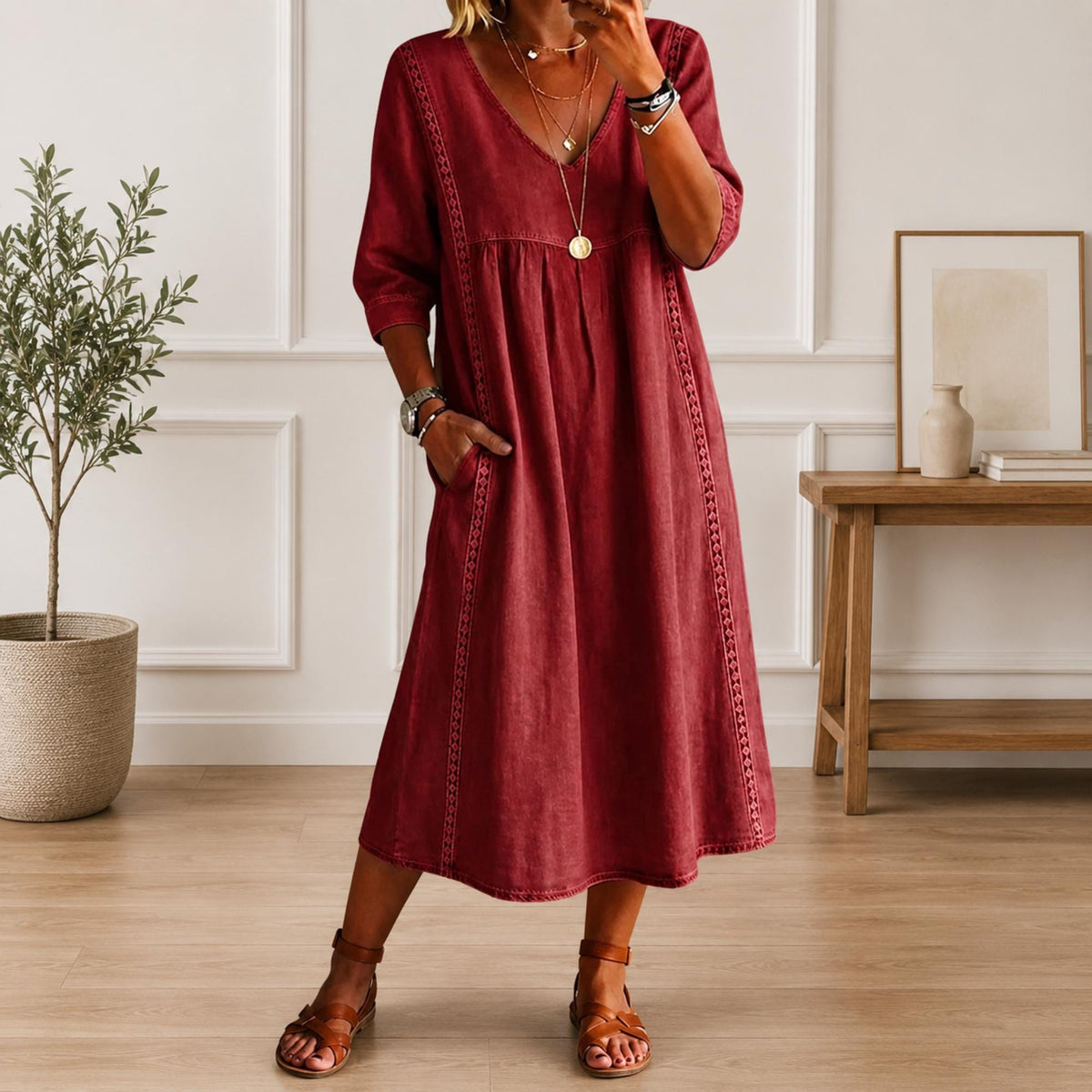 Women's Loose Cotton V Neck Pocket Midi Dress Casual Elegant Summer Outfit Dress