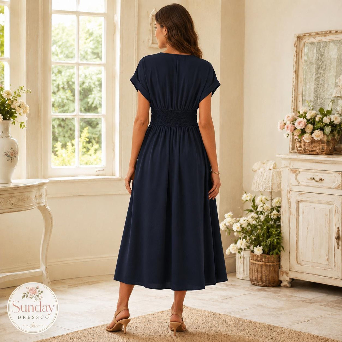 V Neck Midi Dress - Short Sleeve Gown, Women's Clothing, Summer Wedding Guest