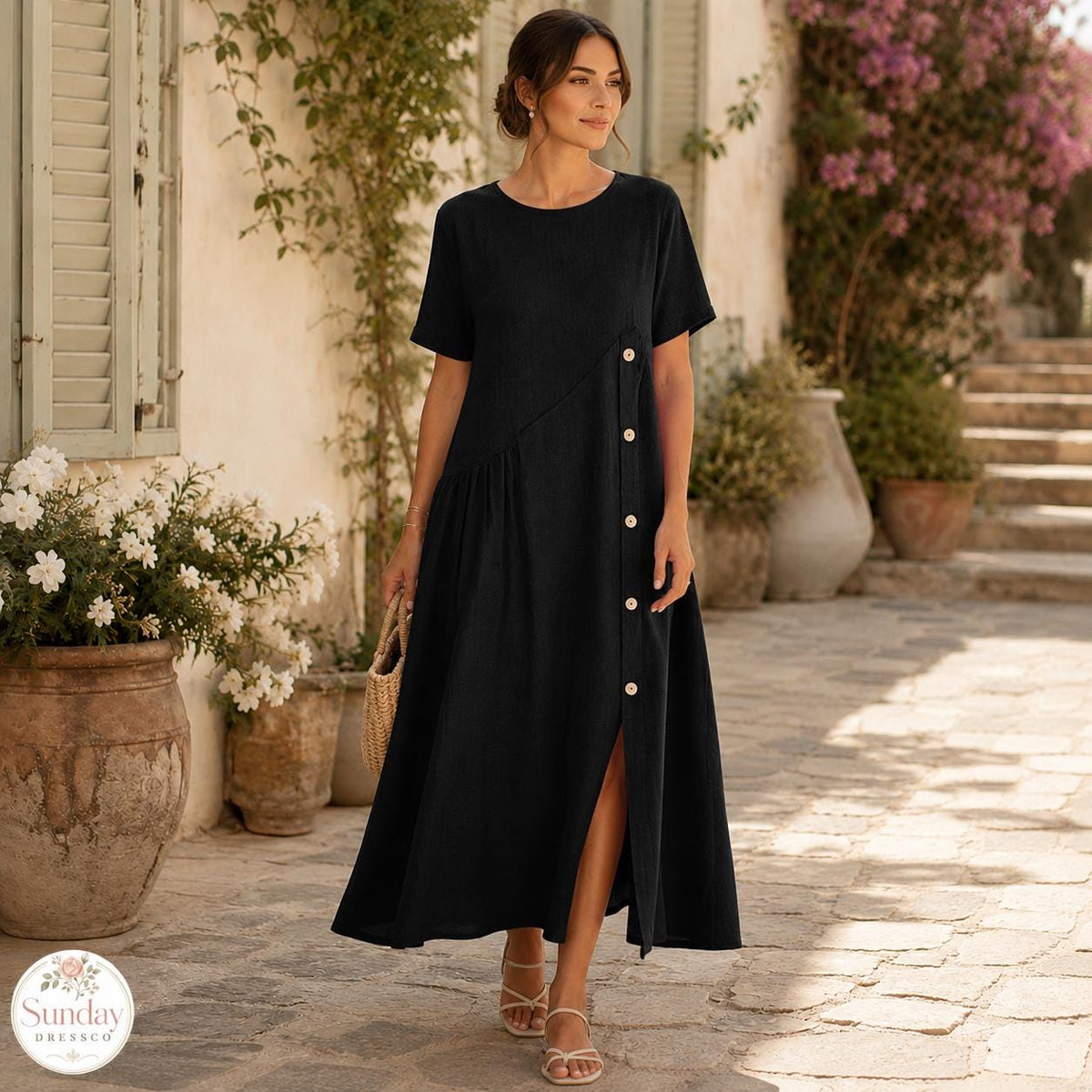 Linen Look Midi Dress - Button Front Sundress, Womens Clothing, Summer Outfit