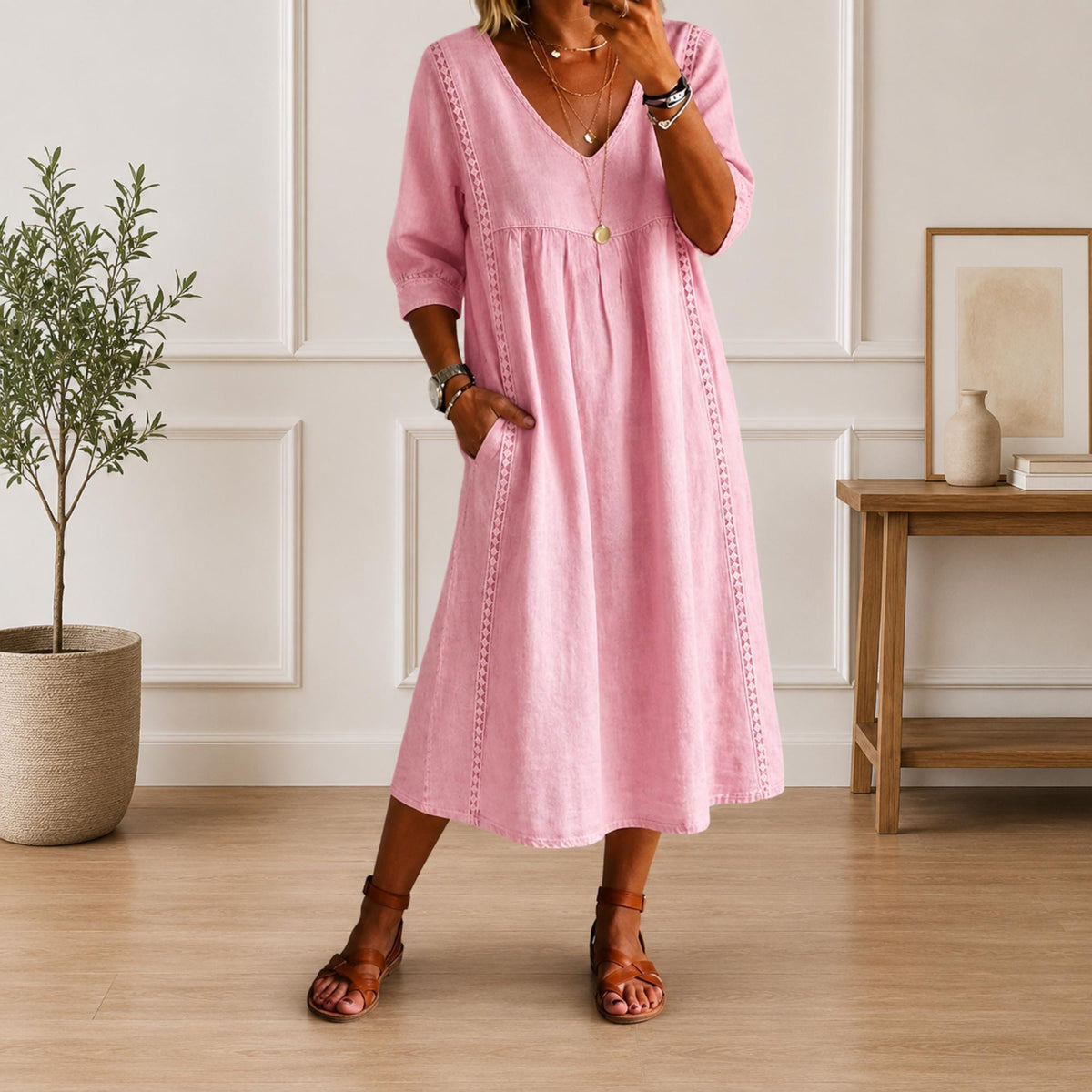 Women's Loose Cotton V Neck Pocket Midi Dress Casual Elegant Summer Outfit Dress