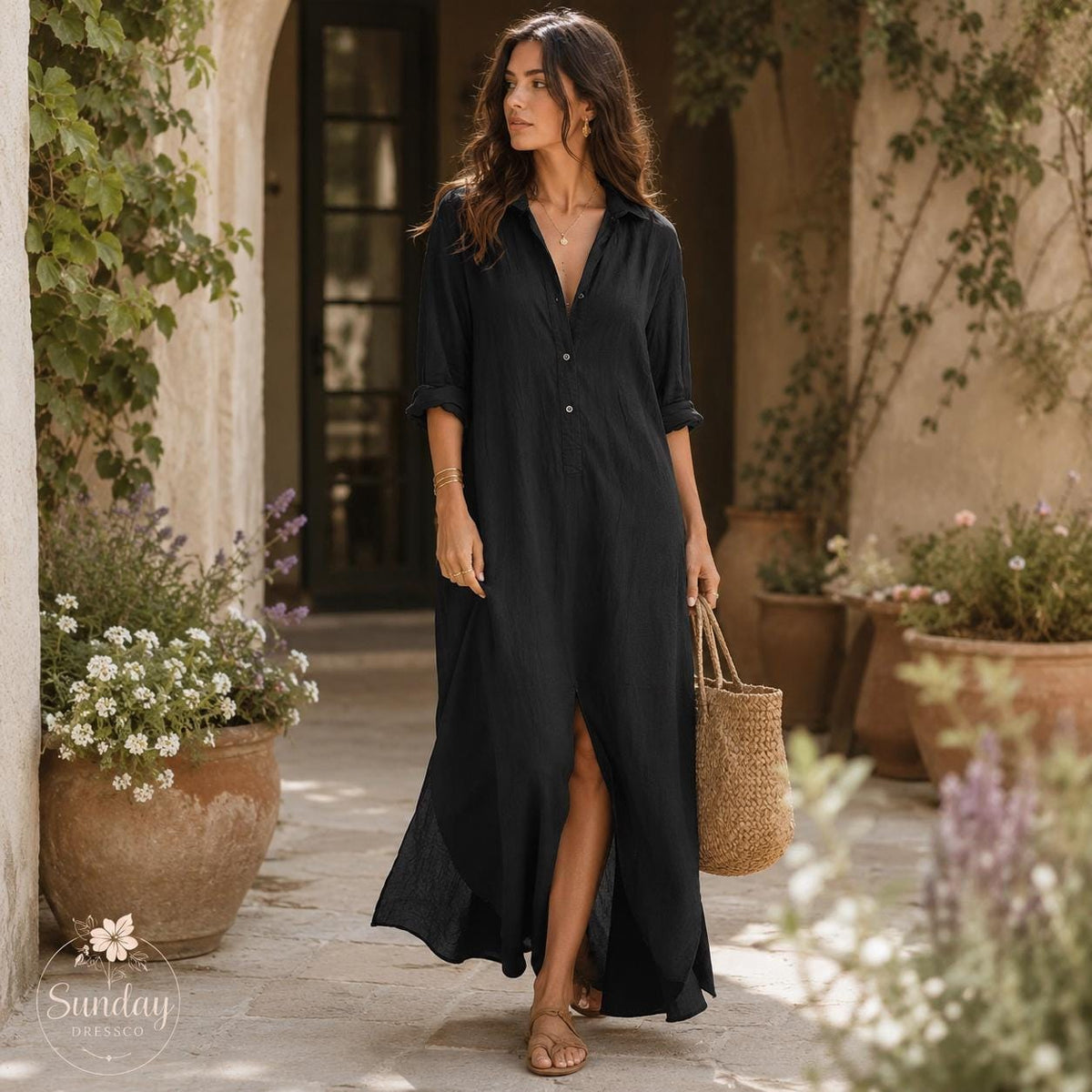 Button Down Maxi Dress Front Slit - Shirt Dress, Women's Clothing, Summer Outfit
