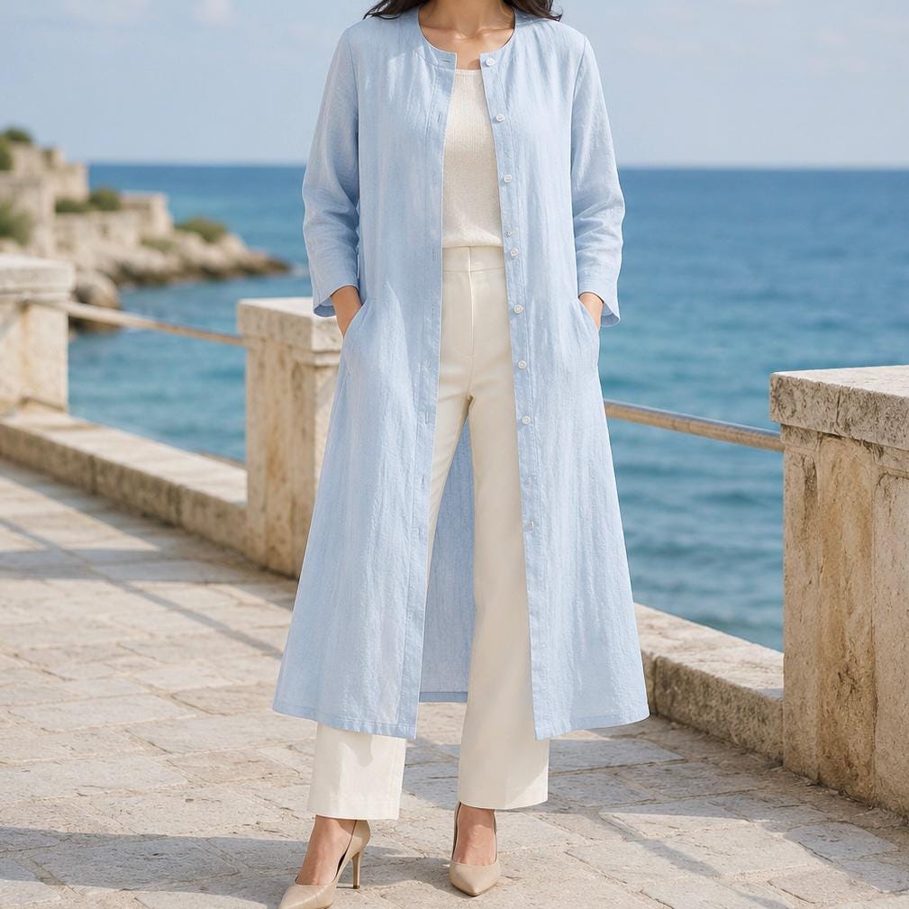 Sky Blue Linen Blend Duster Coat Long Sleeve Button Front Jacket With Pockets Coastal Fall Layer Custom Plus Size Outerwear