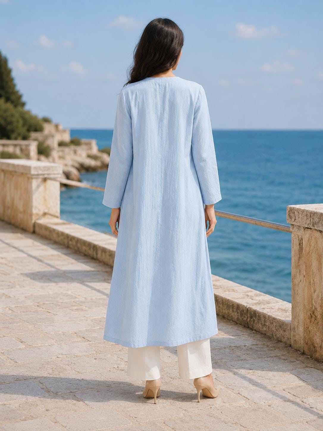 Sky Blue Linen Blend Duster Coat Long Sleeve Button Front Jacket With Pockets Coastal Fall Layer Custom Plus Size Outerwear