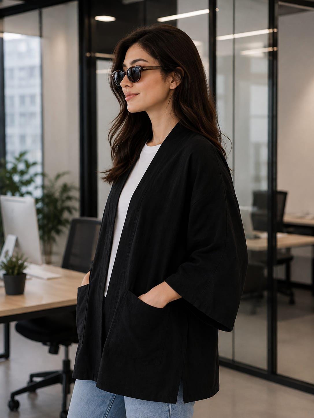Linen Kimono Jacket for Women, Open Front Lightweight Jacket, Relaxed Fit Free Size