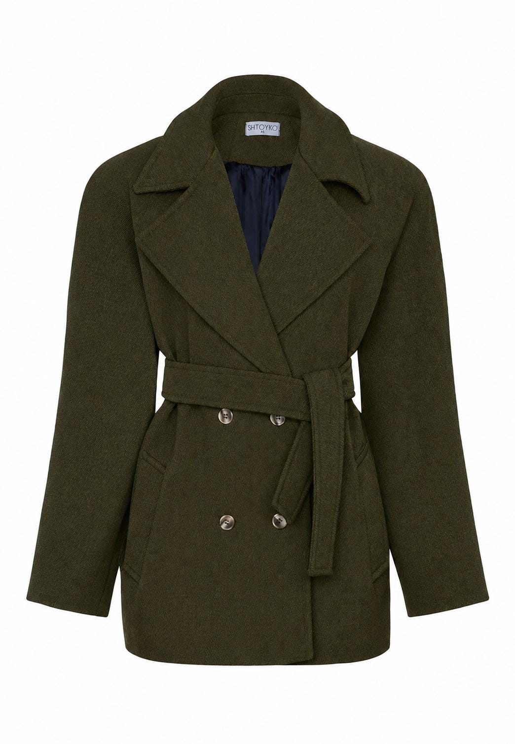 Elegant Brown Wool Coat: Short Double-Breasted Belted Coat, Tailored Fall Jacket with Lining