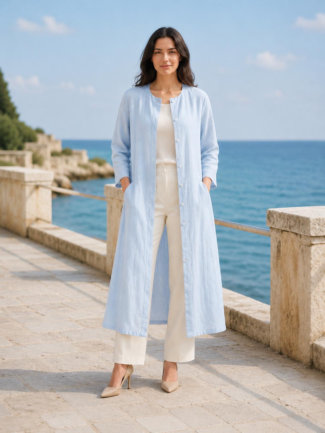 Sky Blue Linen Blend Duster Coat Long Sleeve Button Front Jacket With Pockets Coastal Fall Layer Custom Plus Size Outerwear