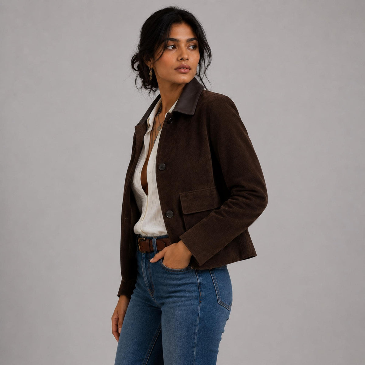 Women's Brown Suede Leather Coat | Vintage 70s Suede Jacket | Classic Button Front Lapel Suede Blazer | Gift For Her
