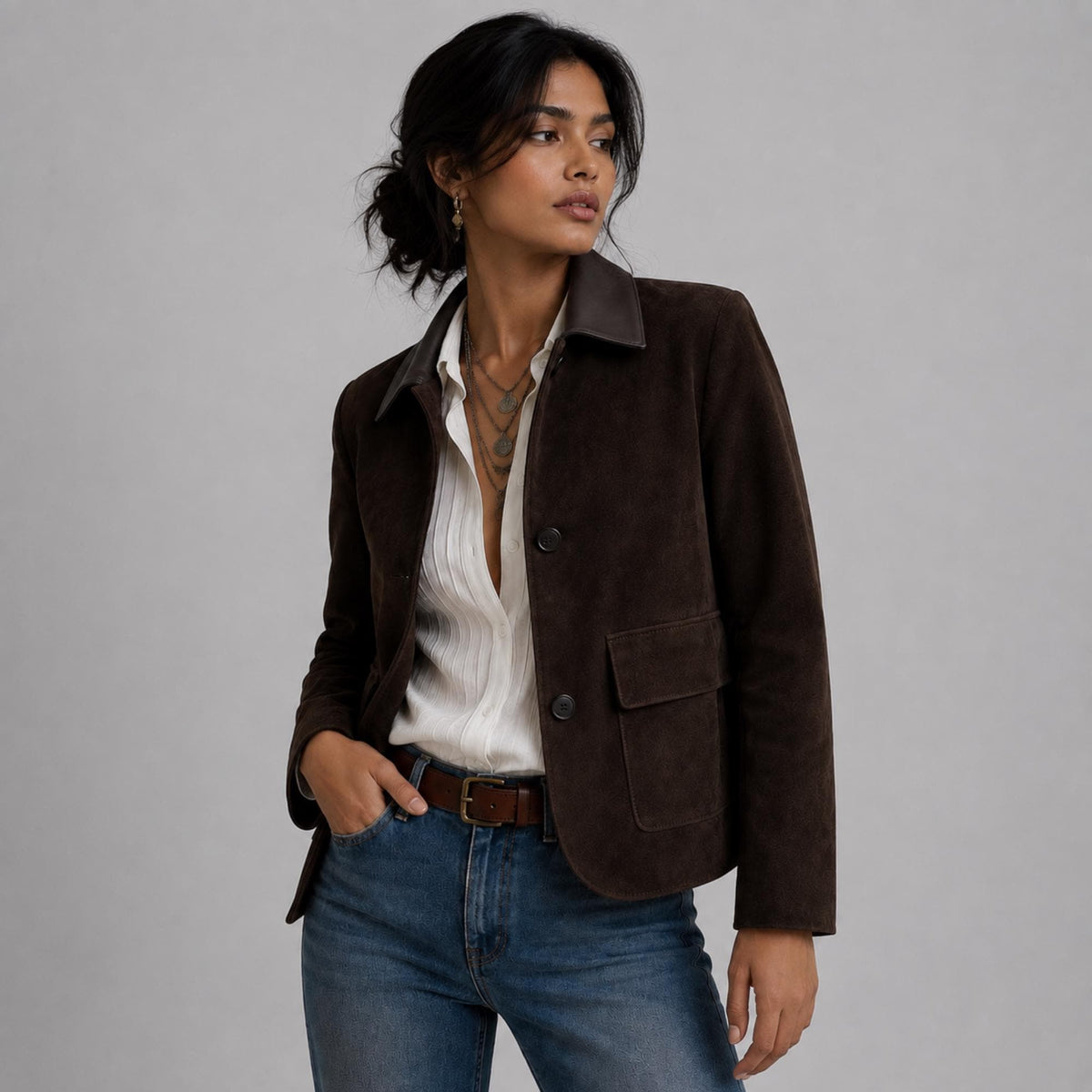 Women's Brown Suede Leather Coat | Vintage 70s Suede Jacket | Classic Button Front Lapel Suede Blazer | Gift For Her