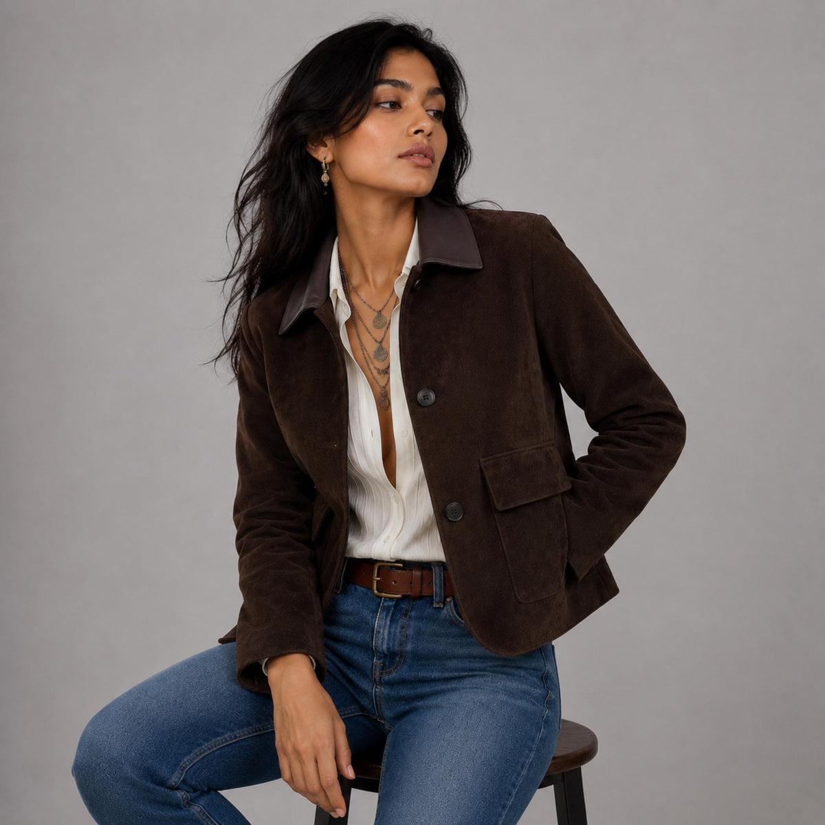 Women's Brown Suede Leather Coat | Vintage 70s Suede Jacket | Classic Button Front Lapel Suede Blazer | Gift For Her