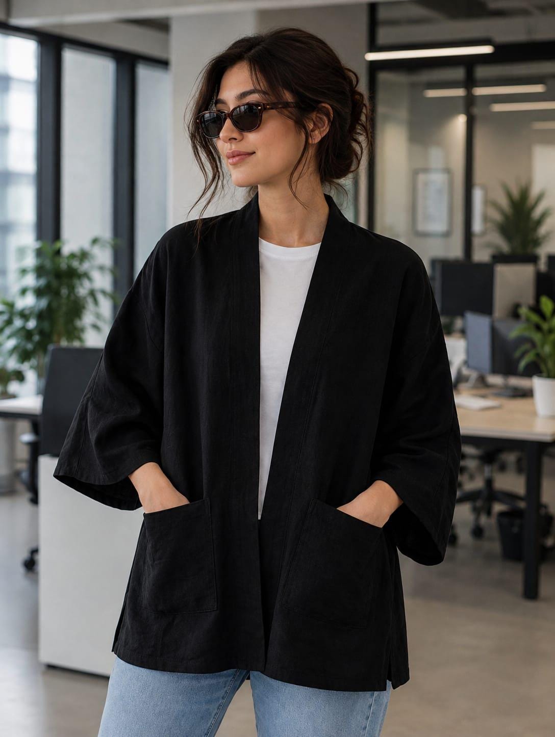 Linen Kimono Jacket for Women, Open Front Lightweight Jacket, Relaxed Fit Free Size