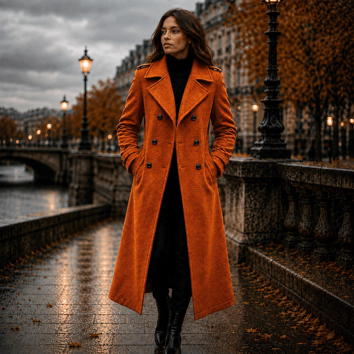 Women's Orange Wool Overcoat, Long Double Breasted Winter Coat, Elegant Tailored Outerwear