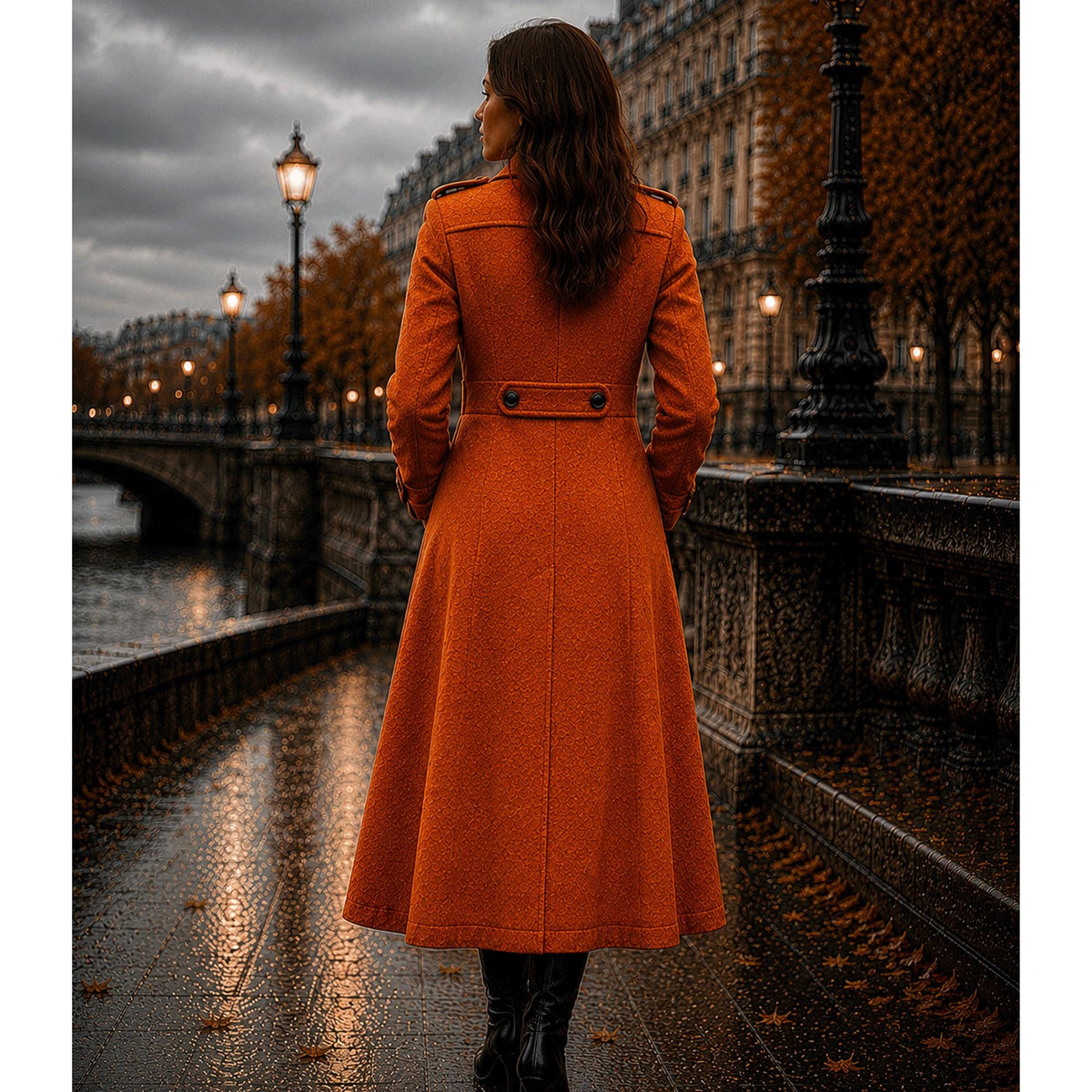 Women's Orange Wool Overcoat, Long Double Breasted Winter Coat, Elegant Tailored Outerwear
