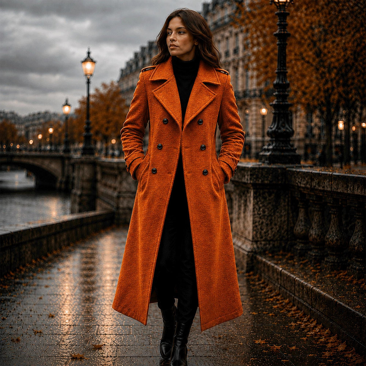 Women's Orange Wool Overcoat, Long Double Breasted Winter Coat, Elegant Tailored Outerwear