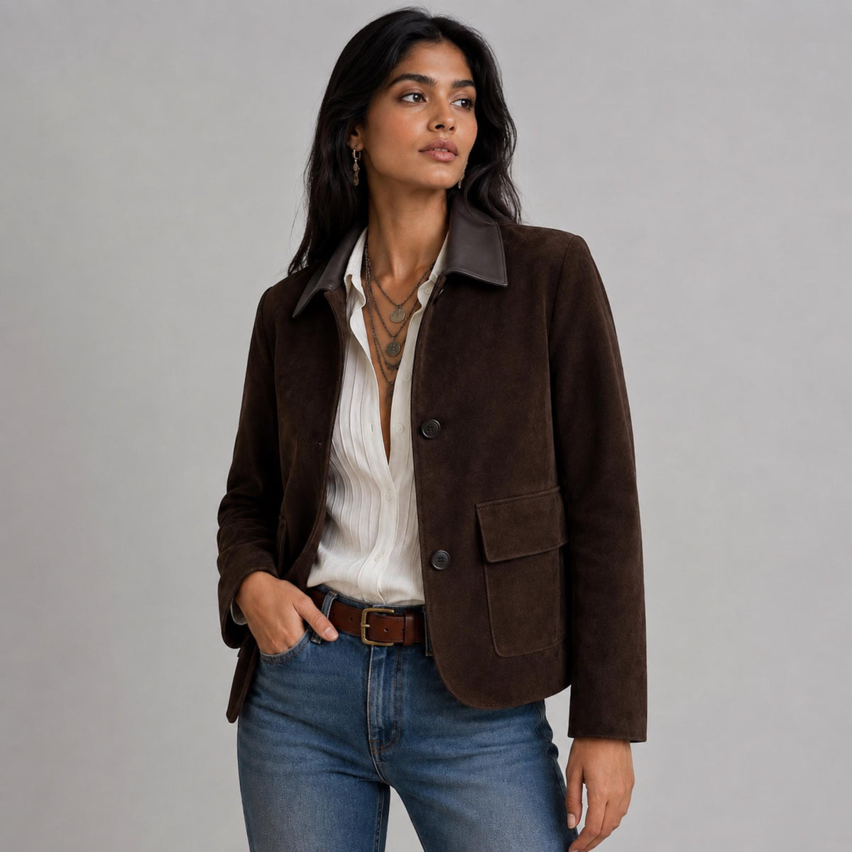 Women's Brown Suede Leather Coat | Vintage 70s Suede Jacket | Classic Button Front Lapel Suede Blazer | Gift For Her