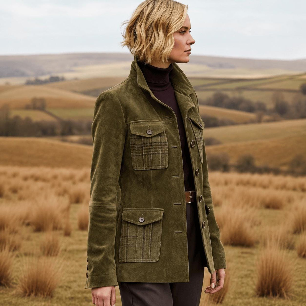 Olive Green Suede Jacket Women, Vintage Utility Blazer, Tailored Field Coat
