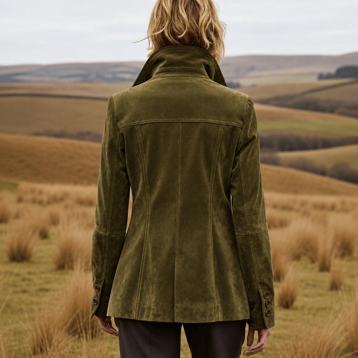 Olive Green Suede Jacket Women, Vintage Utility Blazer, Tailored Field Coat